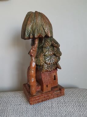 Vintage Hand-Carved Wooden Tree House Sculpture